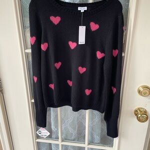 Splendid Black Sweater Pink Heart Print Crewneck | XL | NWT